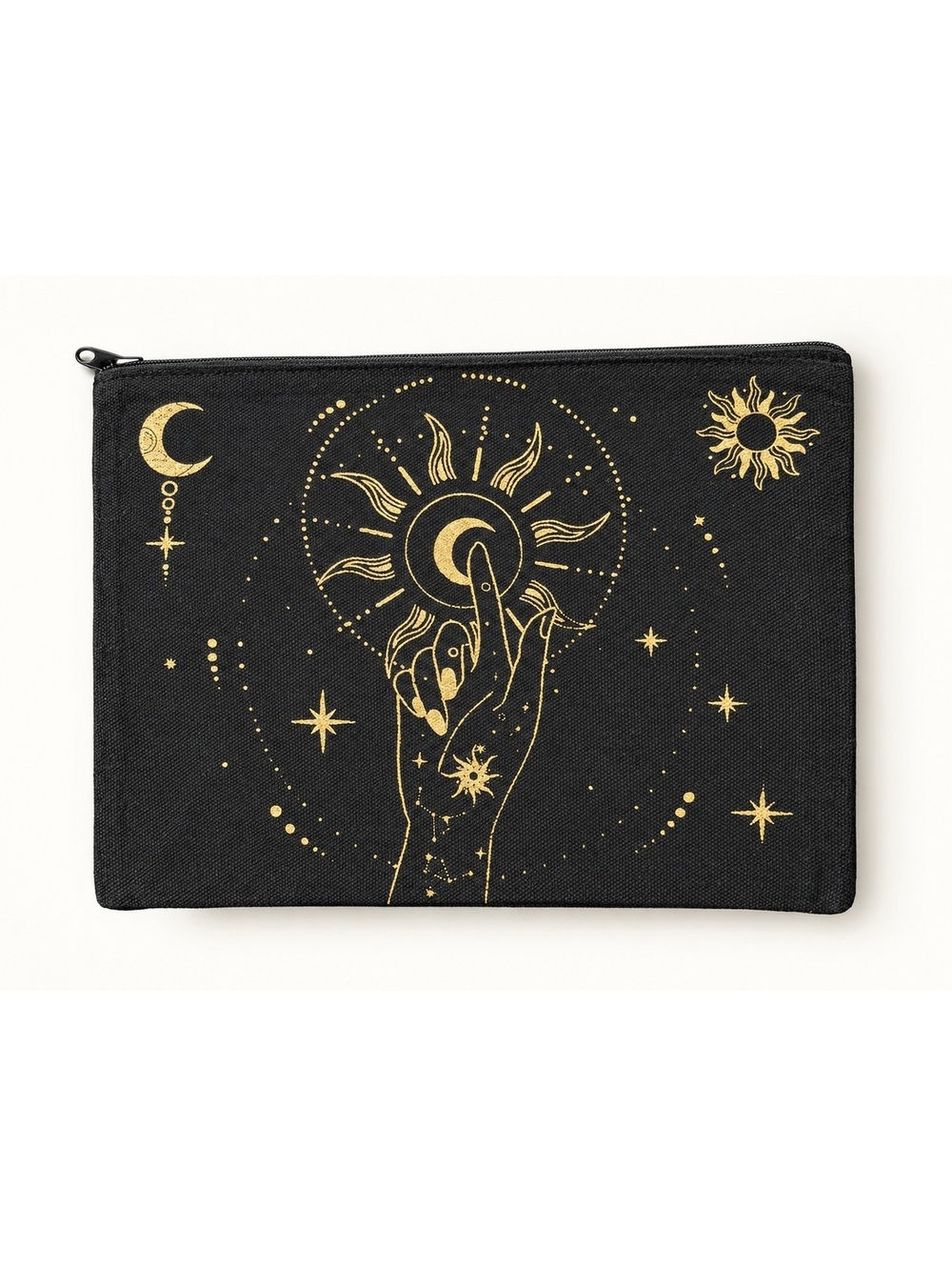 Black & Gold Celestial Zipper Pouch โ New Sun & Moon Design